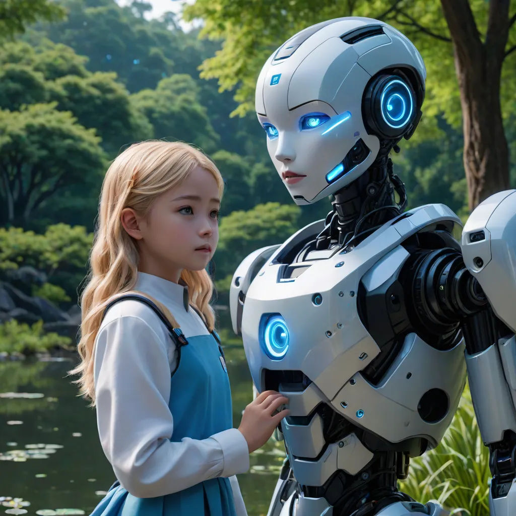 a girl standing next to a robot in a park with trees and water in the background, with a reflection of the robot in the water, Ai-Mitsu, les automatistes, a stock photo, ex machina
