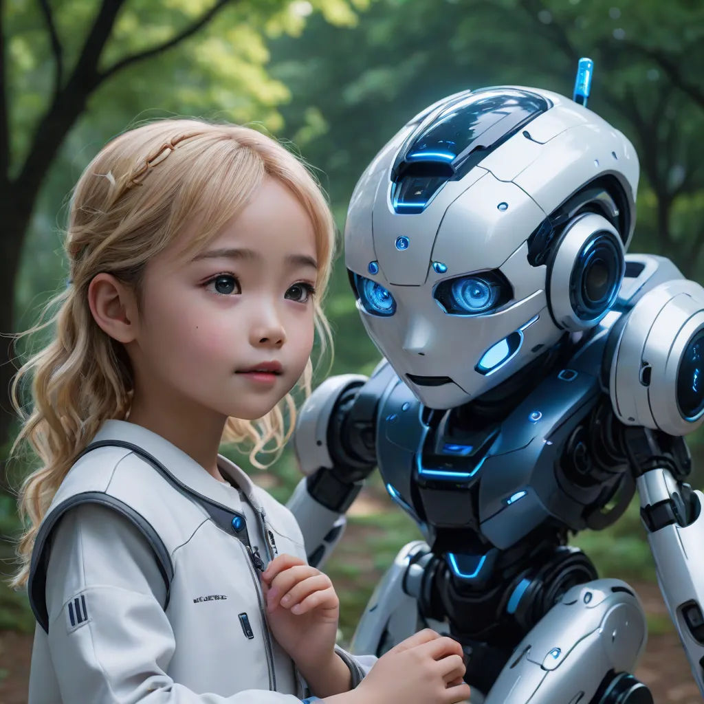 a little girl standing next to a robot in a park with trees in the background and a forest behind her, Ai-Mitsu, les automatistes, a stock photo, ex machina