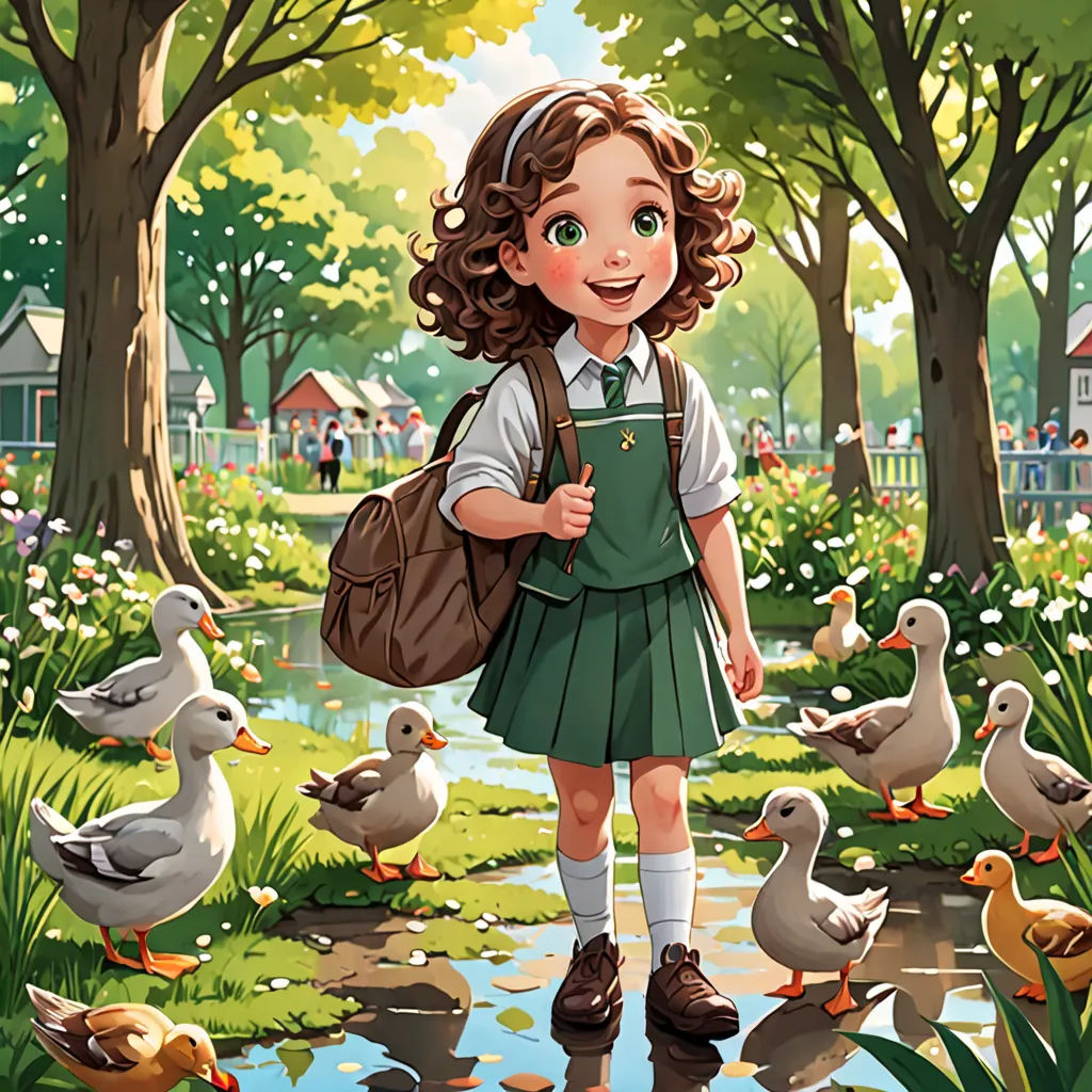 a girl in a green dress is walking with ducks in the park and a house in the background is on the water, danube school, a storybook illustration, Clarice Beckett, official art