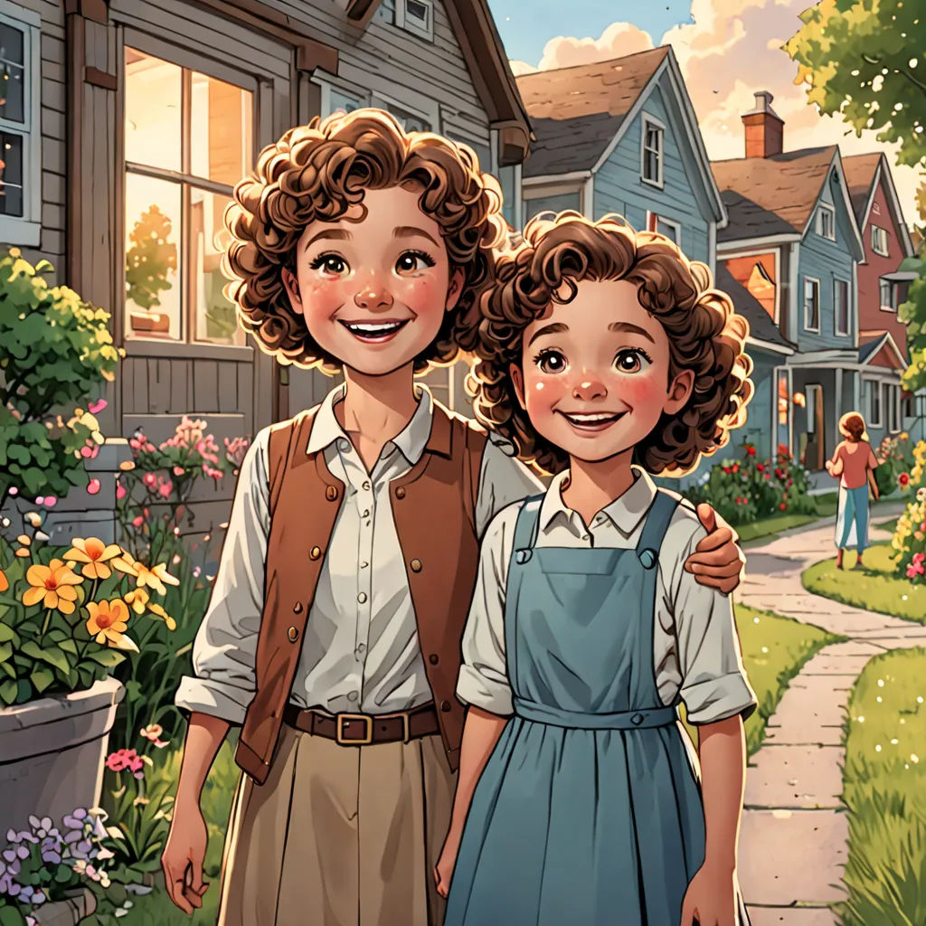 a couple of people standing next to each other in front of a house and flowers on the ground and a person in the background, american scene painting, a storybook illustration, Brothers Hildebrandt, comic cover art