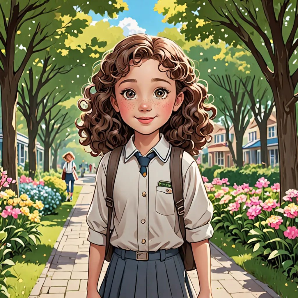 a painting of a girl in a school uniform standing on a sidewalk in a park with flowers and trees, paris school, a character portrait, Choi Buk, official art