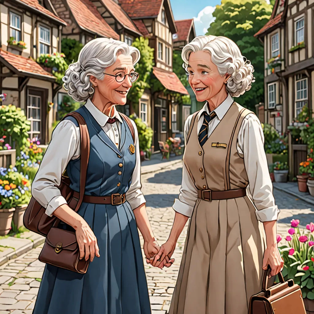 a painting of two women holding hands in front of a house with flowers and a garden in the background, remodernism, a storybook illustration, Anne Said, official art