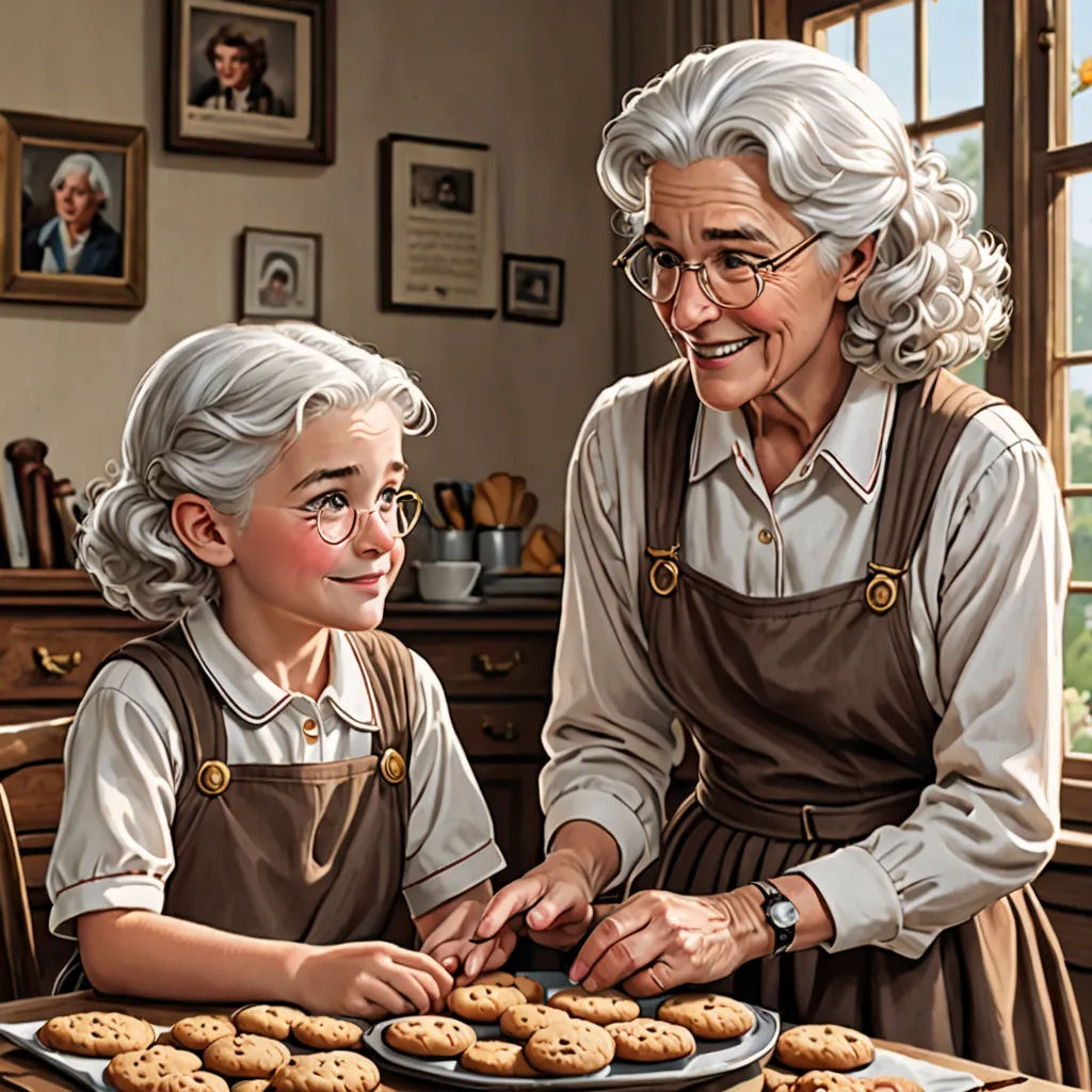 a painting of an older woman and a young girl baking cookies together in a kitchen with a window behind them, american scene painting, a storybook illustration, Bob Byerley, highly detailed digital painting