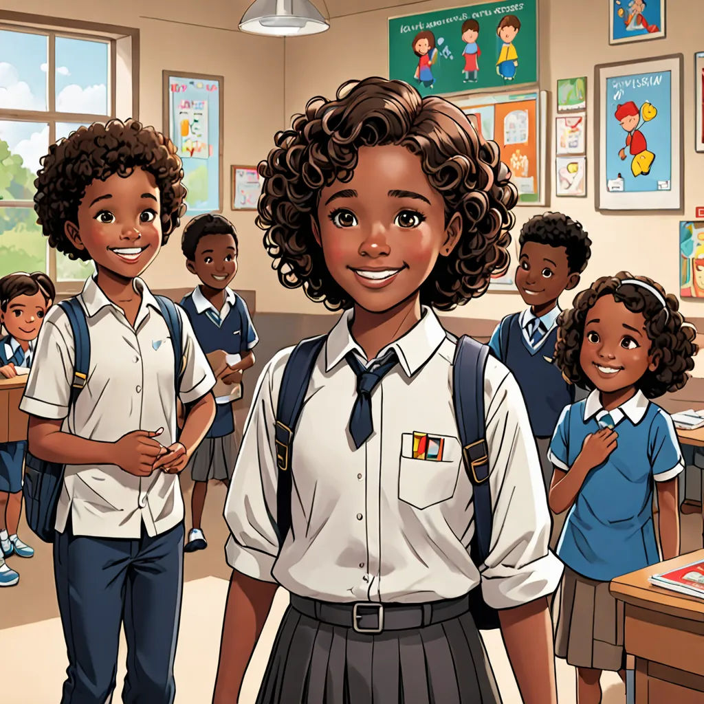 a cartoon of a girl in a school uniform standing in front of a classroom full of children in uniform, paris school, a comic book panel, Chinwe Chukwuogo-Roy, official art