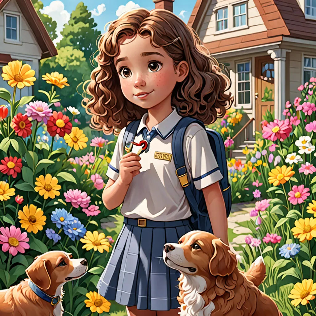 a girl in a school uniform standing next to two dogs in a flower garden with a house in the background, american scene painting, a storybook illustration, Chris LaBrooy, kinkade