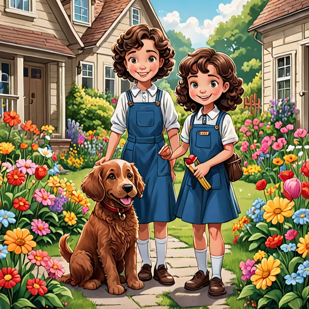 two girls and a dog standing in front of a house with flowers and flowers around them and a dog sitting on the ground, american scene painting, a storybook illustration, Brothers Hildebrandt, key art