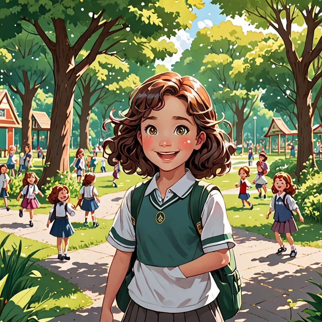 a girl in a school uniform is standing in the park with other children in the background and a building in the background, paris school, a storybook illustration, Choi Buk, official art