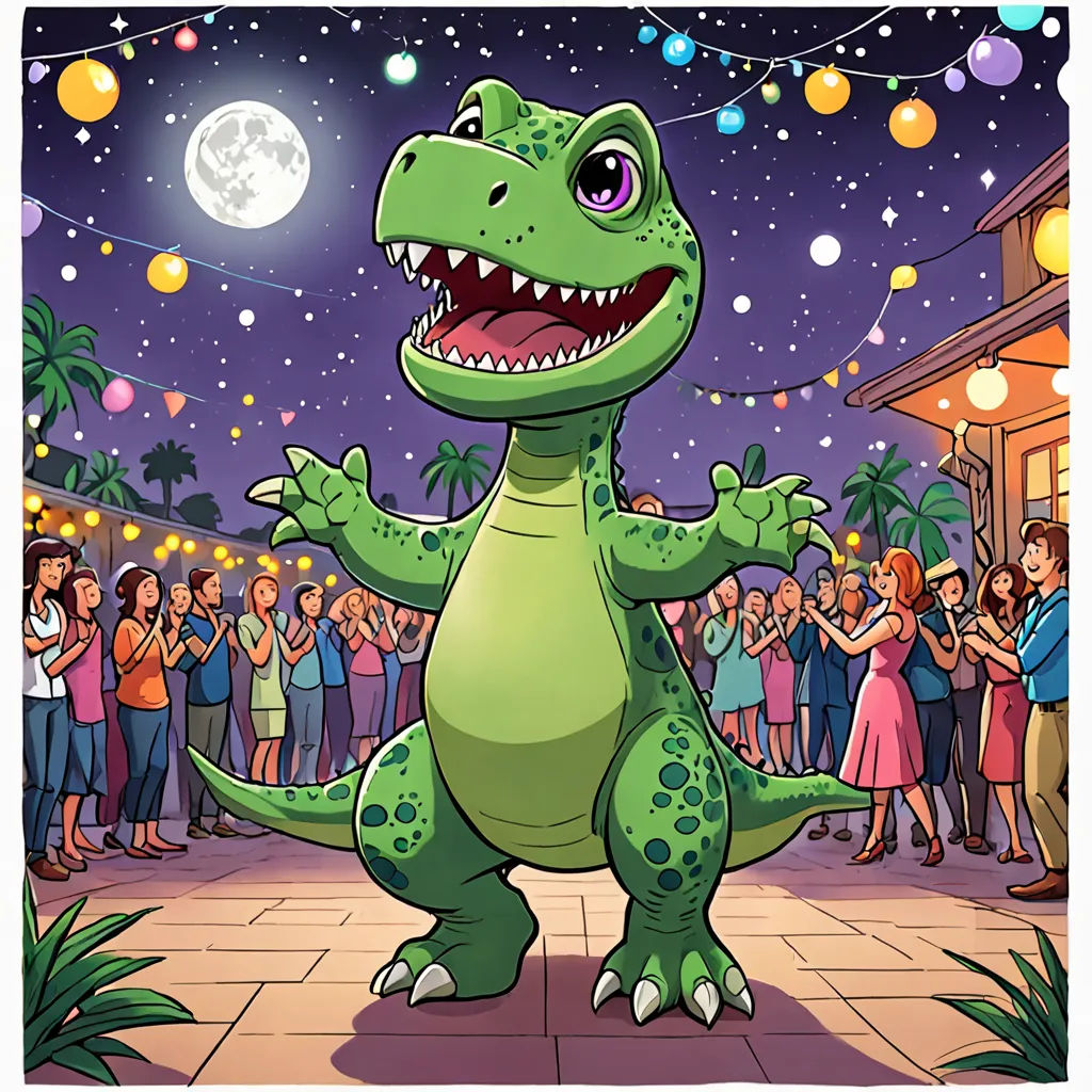 a cartoon dinosaur is dancing in front of a crowd of people at a party with a full moon in the background, sots art, a storybook illustration, Adam Rex, storybook illustration