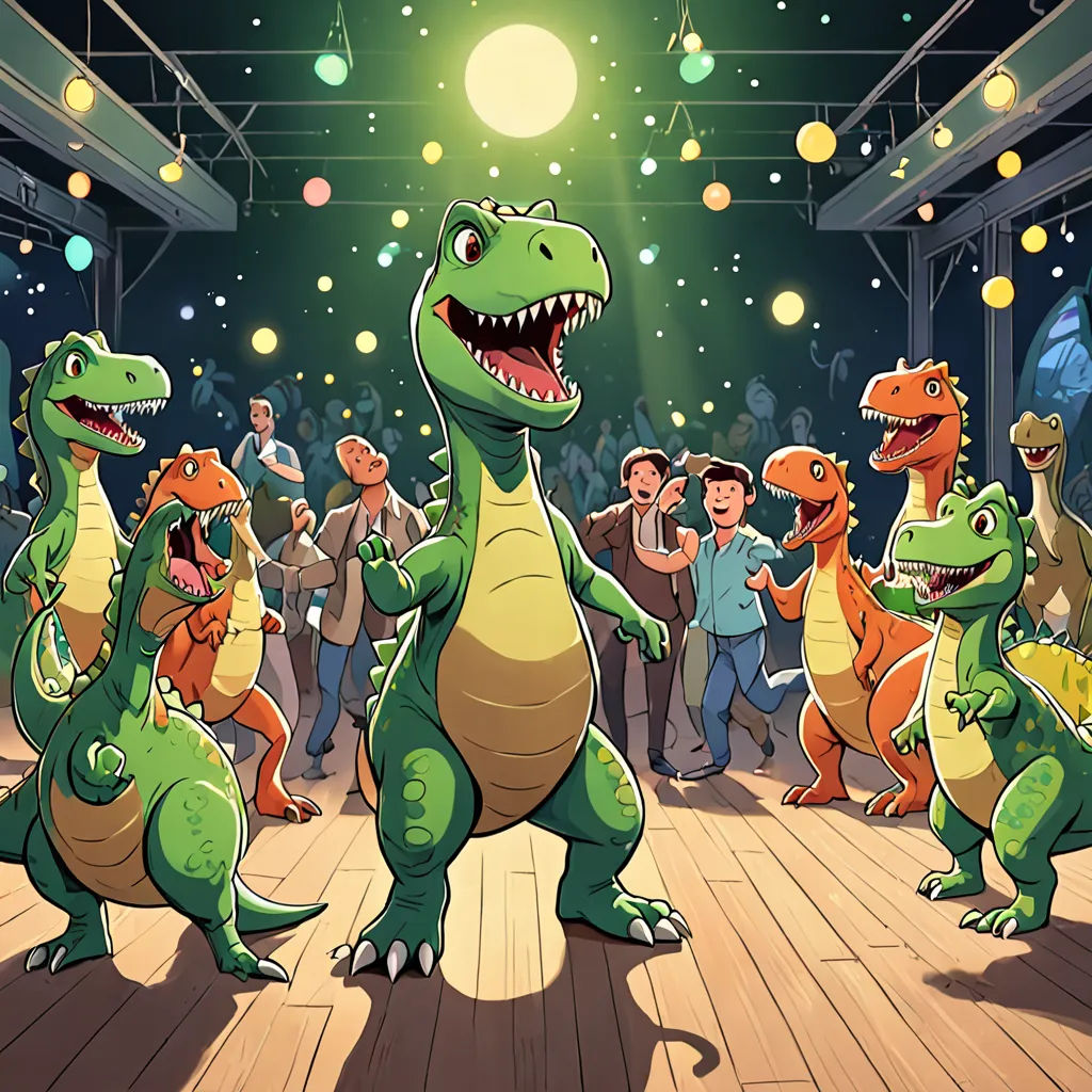 a group of dinosaurs dancing in a room full of people with lights on the ceiling and a disco ball in the background, lyco art, a storybook illustration, Dan Mumford, rossdraws global illumination