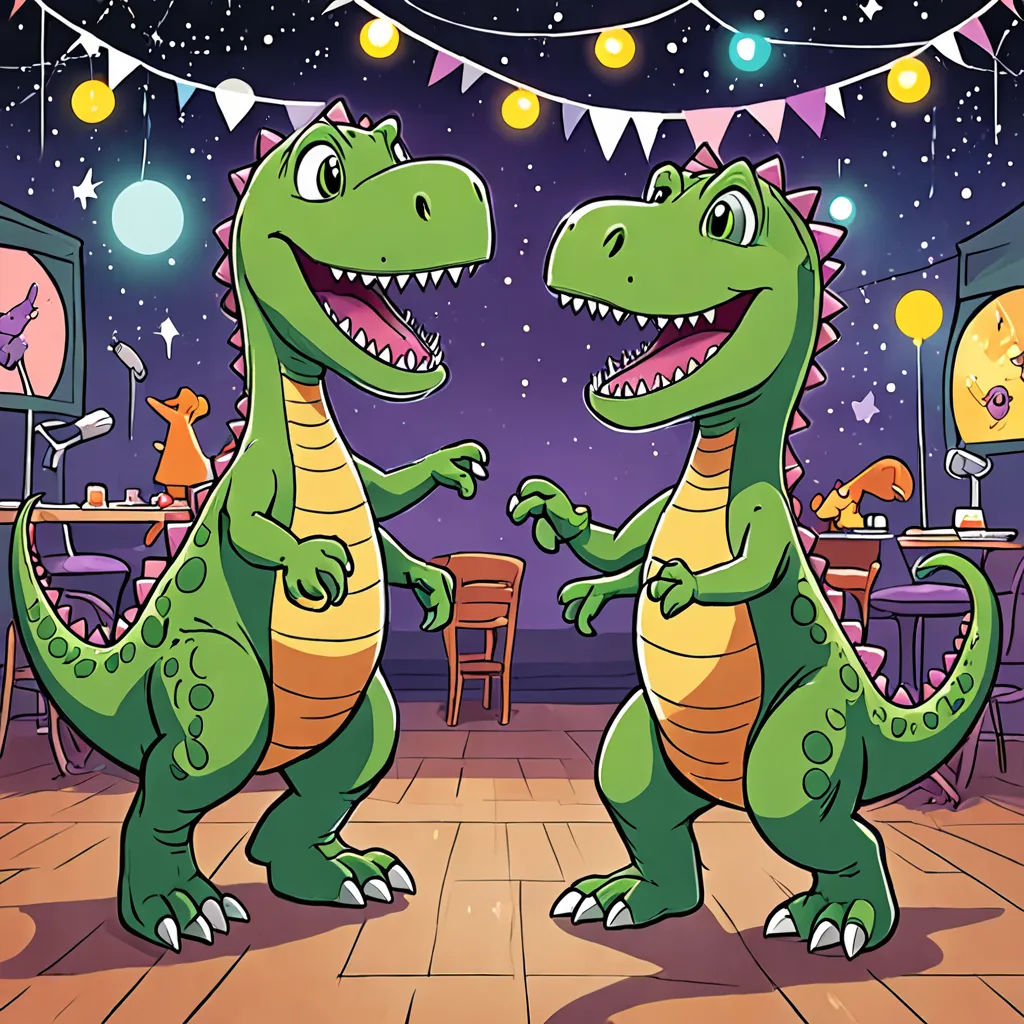 two dinosaurs are dancing in a room with lights and decorations on the ceiling and a table with chairs and a television, space art, a storybook illustration, Adam Rex, official art
