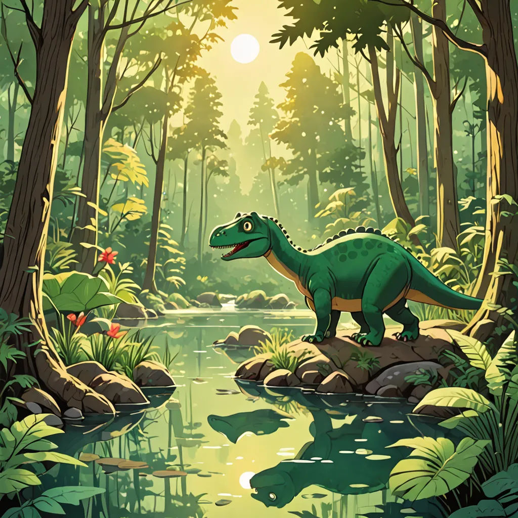 a dinosaur is standing on a rock in the middle of a forest with a river running through it and trees and plants around it, lyco art, a storybook illustration, Chris LaBrooy, rossdraws global illumination