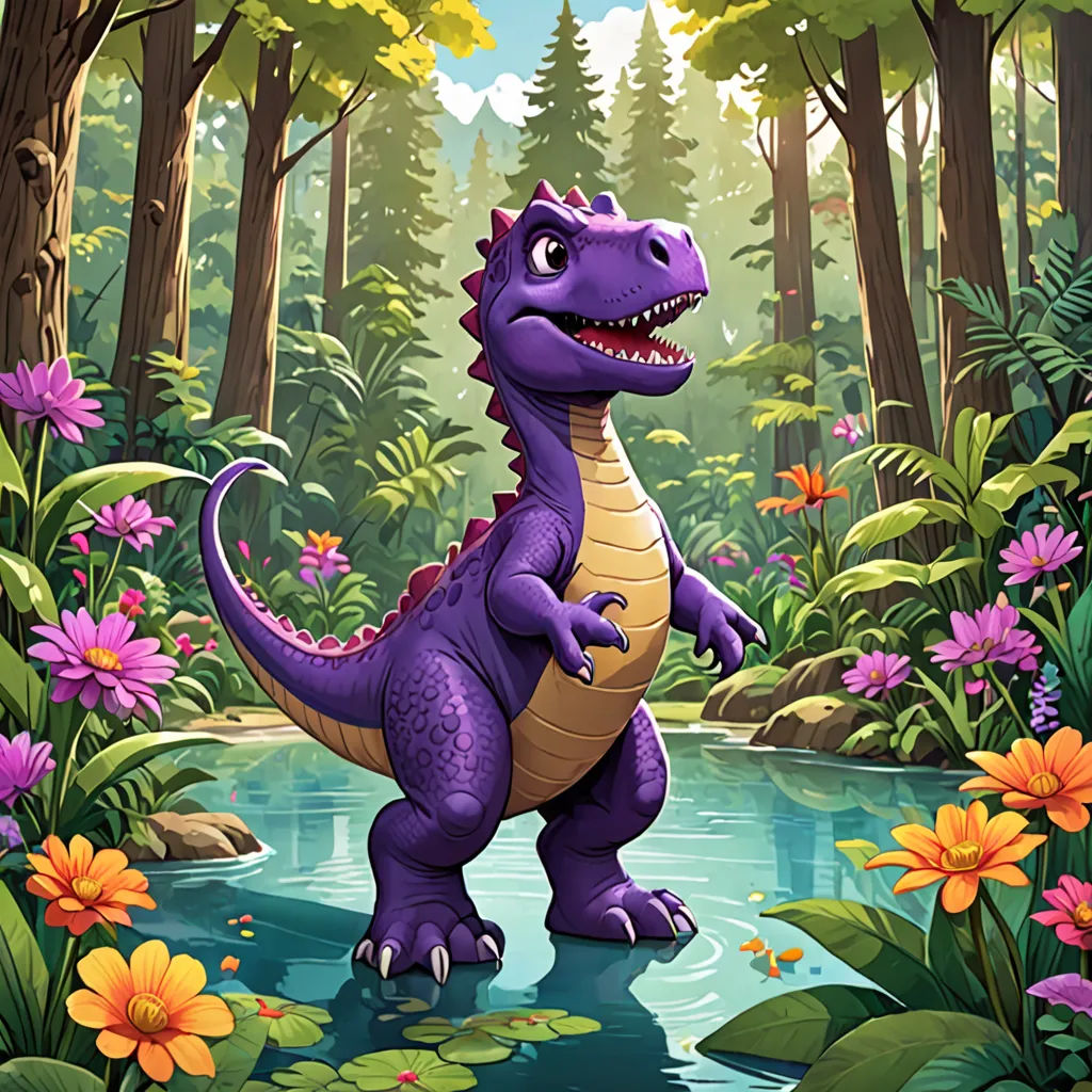 a purple dinosaur standing in a forest with flowers and trees around it and a pond of water in the foreground, sots art, a character portrait, Adam Rex, purple