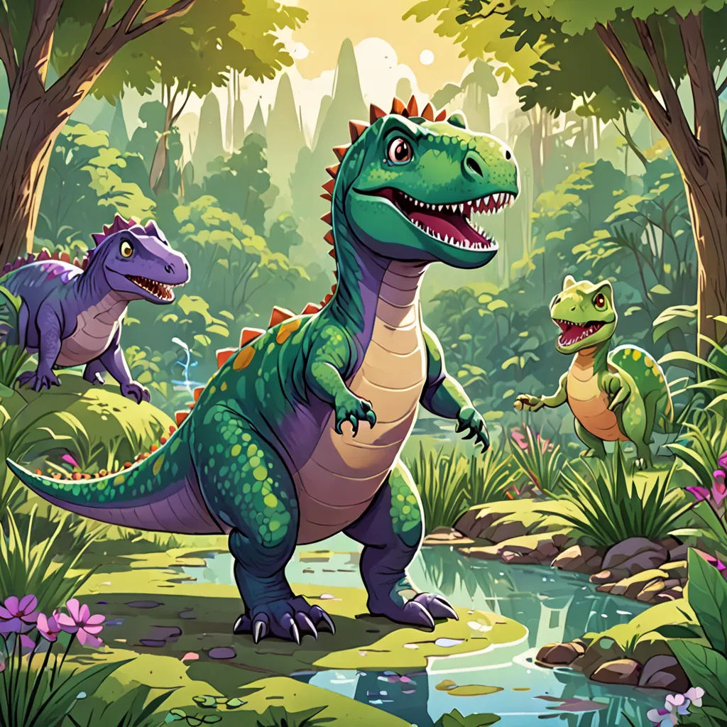 a group of dinosaurs in a jungle setting with a pond and trees in the background, with a sun shining on the ground, sots art, a storybook illustration, Adam Rex, rossdraws global illumination