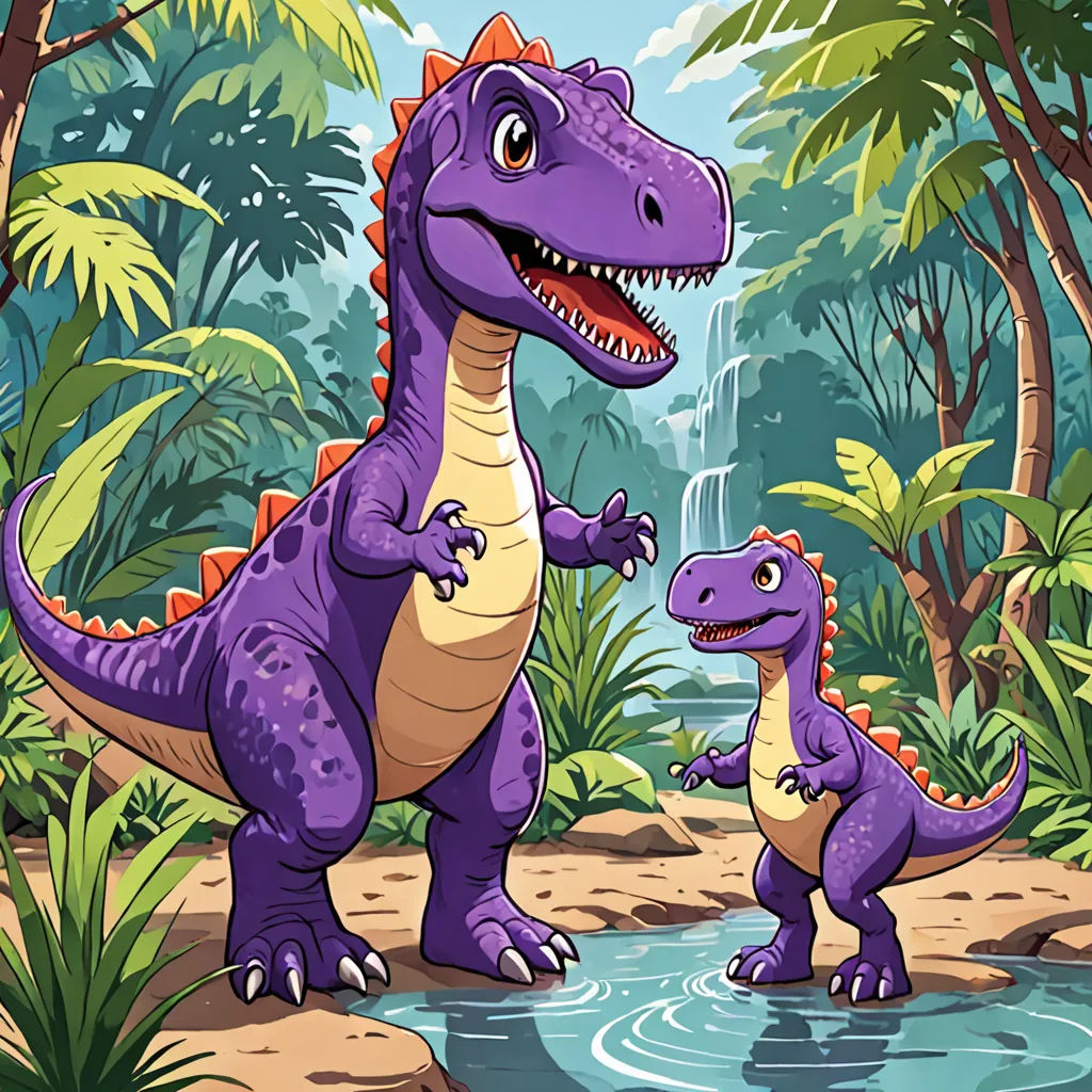 a couple of dinosaurs standing in a forest next to a river and a waterfall with a waterfall in the background, lyco art, a storybook illustration, Adam Rex, purple