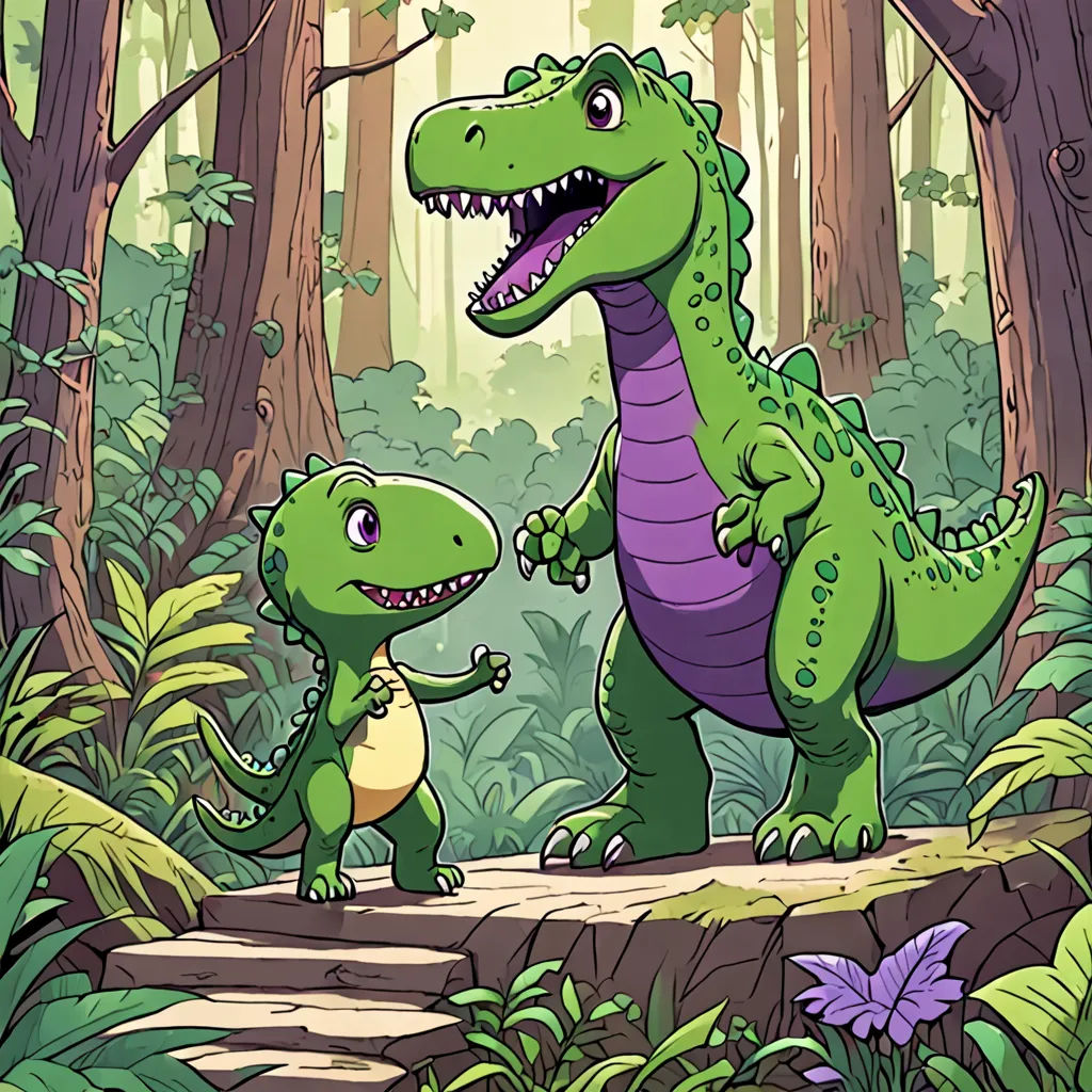 a cartoon of a dinosaur and a baby dinosaur in the woods with trees and plants around them, with a background of foliage and trees, sots art, a storybook illustration, Adam Rex, official art