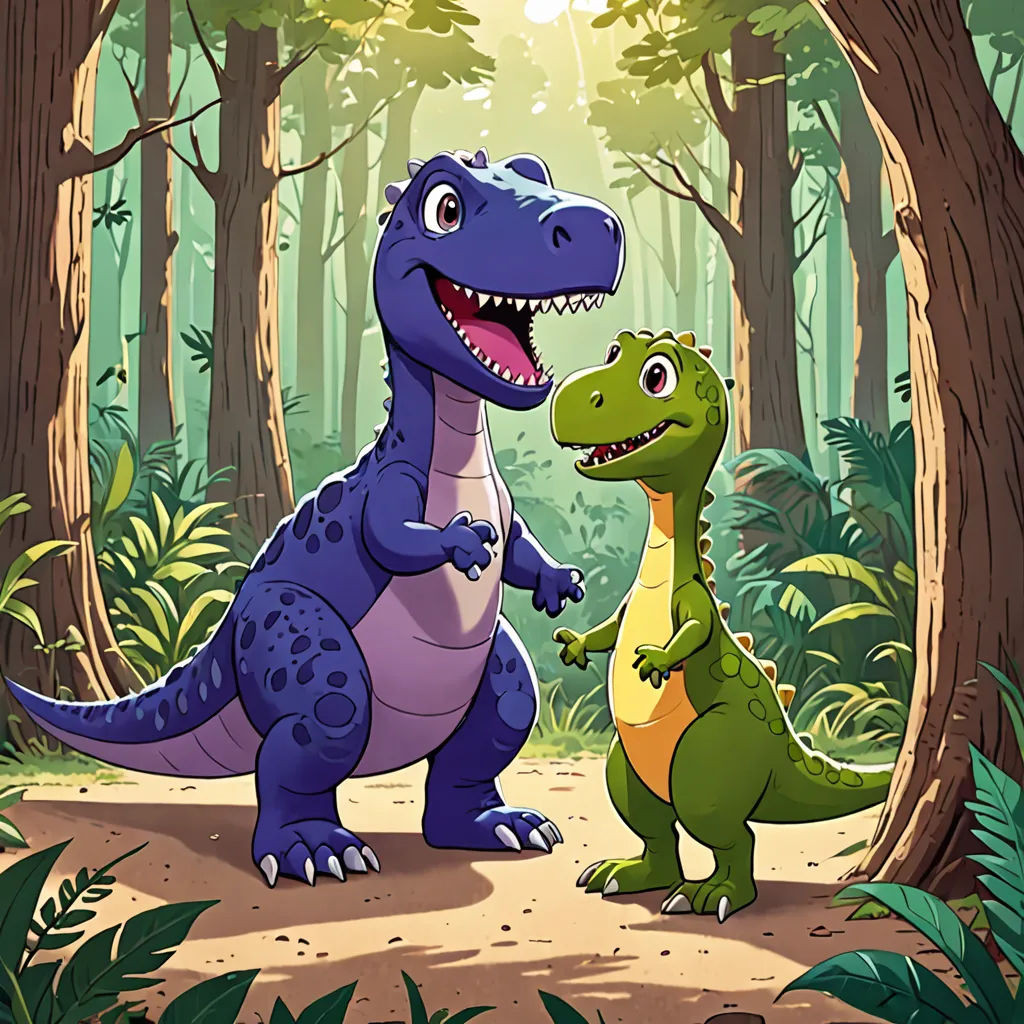 a couple of dinosaurs standing in the middle of a forest with trees and bushes behind them, with a sun shining through the trees, sots art, a storybook illustration, Adam Rex, official art