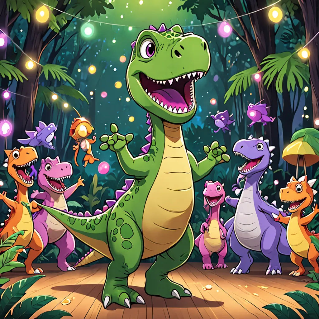 a group of dinosaurs standing in the forest with lights strung overhead and a person holding a umbrella in the foreground, sots art, concept art, Adam Rex, rossdraws global illumination