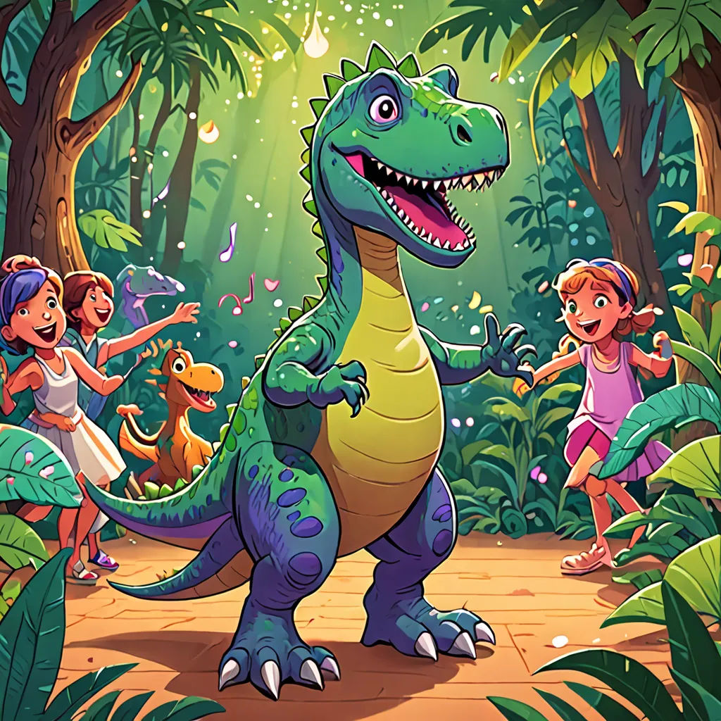 a dinosaur in the jungle with a group of children around it and a woman standing in the background with a dinosaur, lyco art, a storybook illustration, Adam Rex, storybook illustration