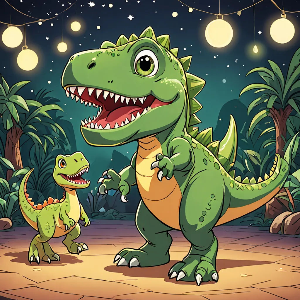 a dinosaur and a t - rex in a jungle scene with lights and stars in the background illustration by alex krawc, sots art, a storybook illustration, Adam Rex, rossdraws global illumination