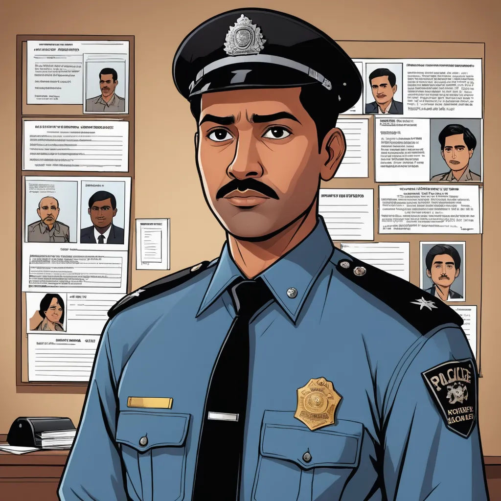 a cartoon of a police officer in front of a bulletin board with pictures of him and his family on it, serial art, a character portrait, Bhupen Khakhar, character portrait