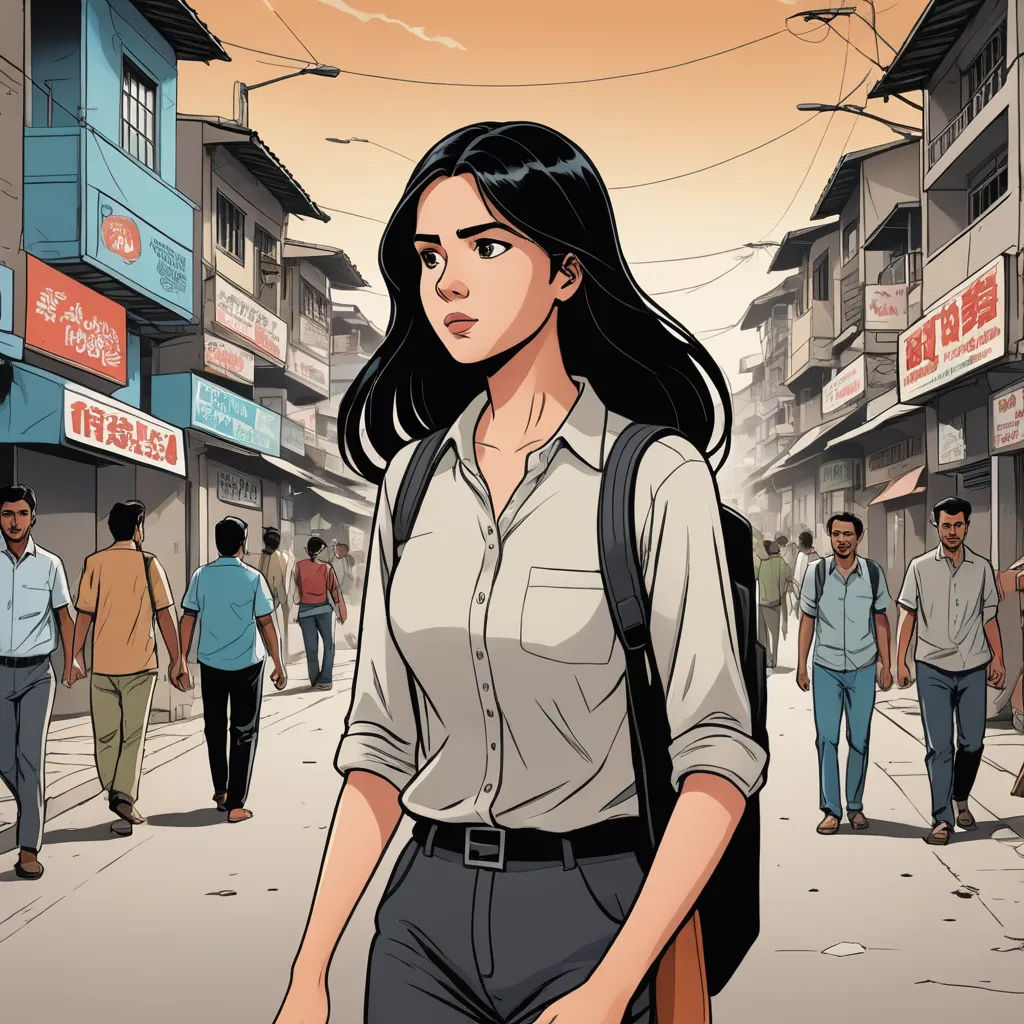 a woman walking down a street in a city with people walking by her and a man walking down the street, bengal school of art, a comic book panel, Asaf Hanuka, comic cover art