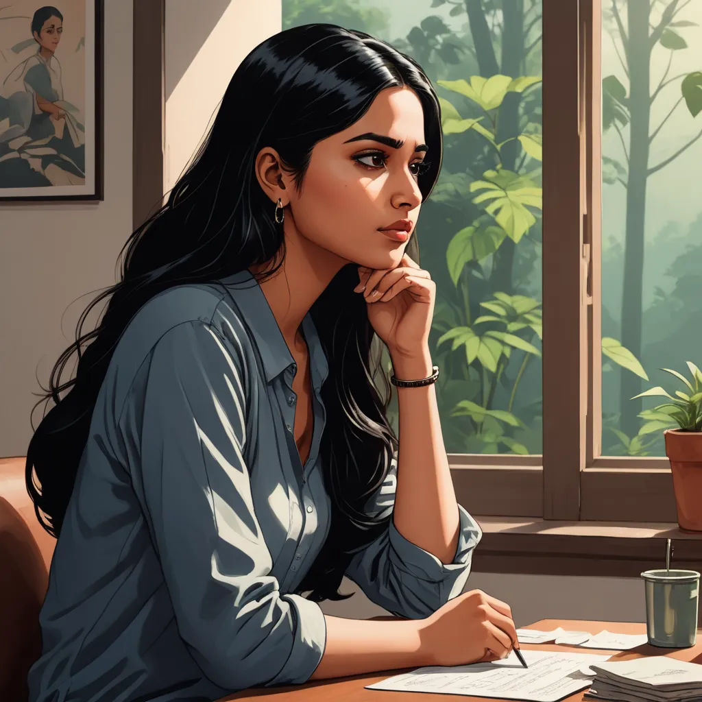 a woman sitting at a desk with a pen and paper in her hand and a plant in the background, academic art, a painting, Atey Ghailan, high detail illustration