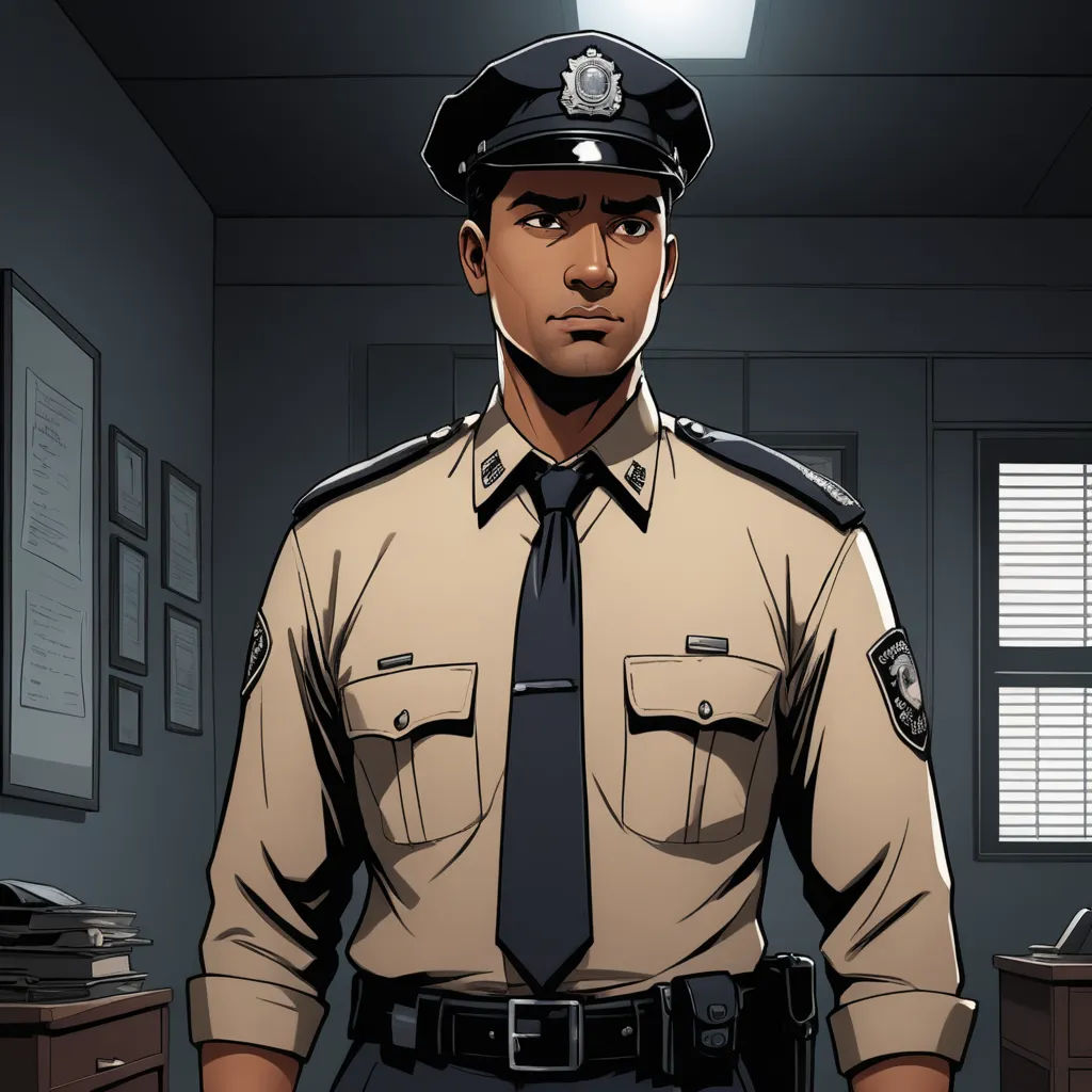 a cartoon of a police officer standing in a room with a desk and a window in the background and a light on, sots art, a character portrait, Cedric Seaut (Keos Masons), official art