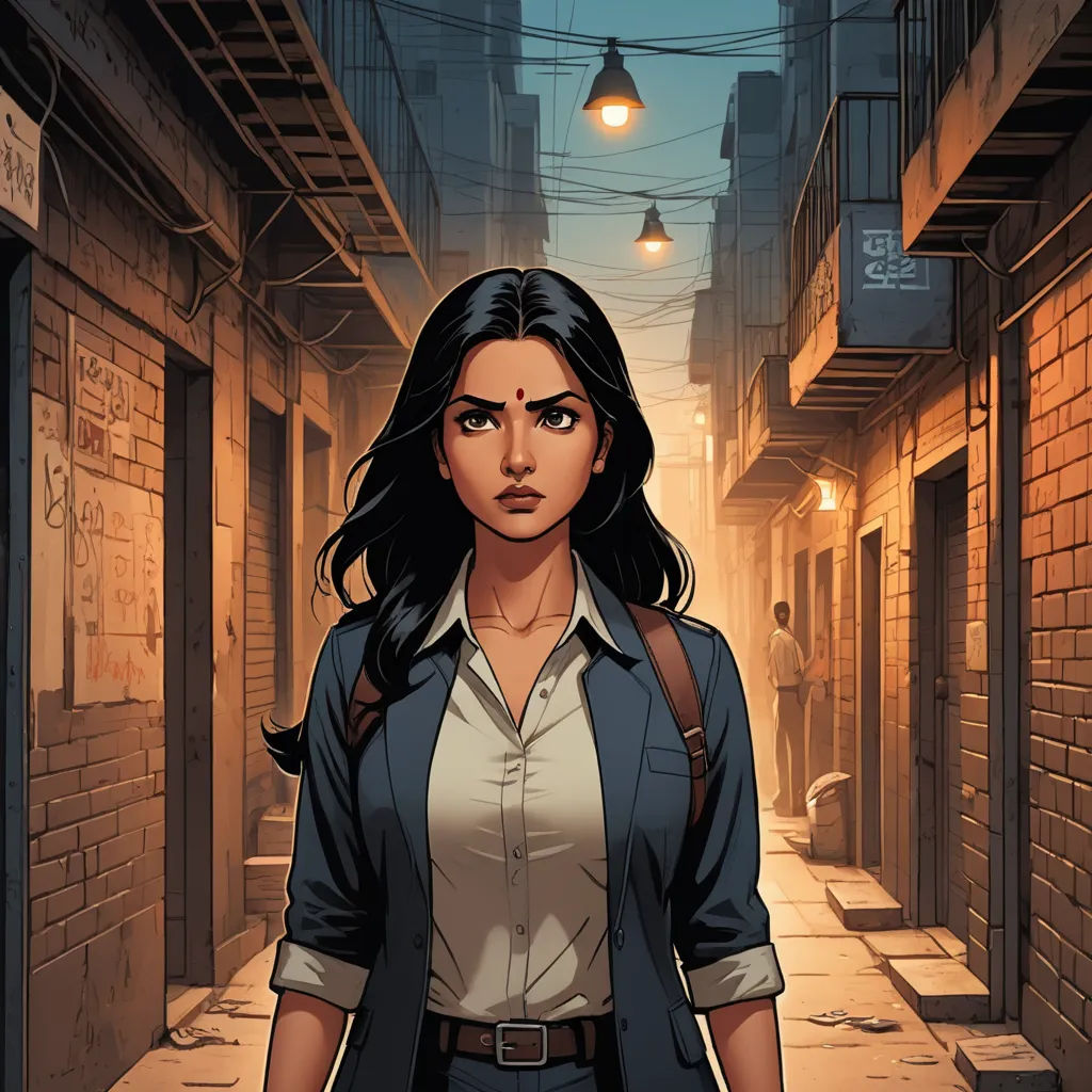 a woman in a street with a backpack on her shoulder and a light hanging above her head, in a city alley, samikshavad, a comic book panel, Ella Guru, comic cover art