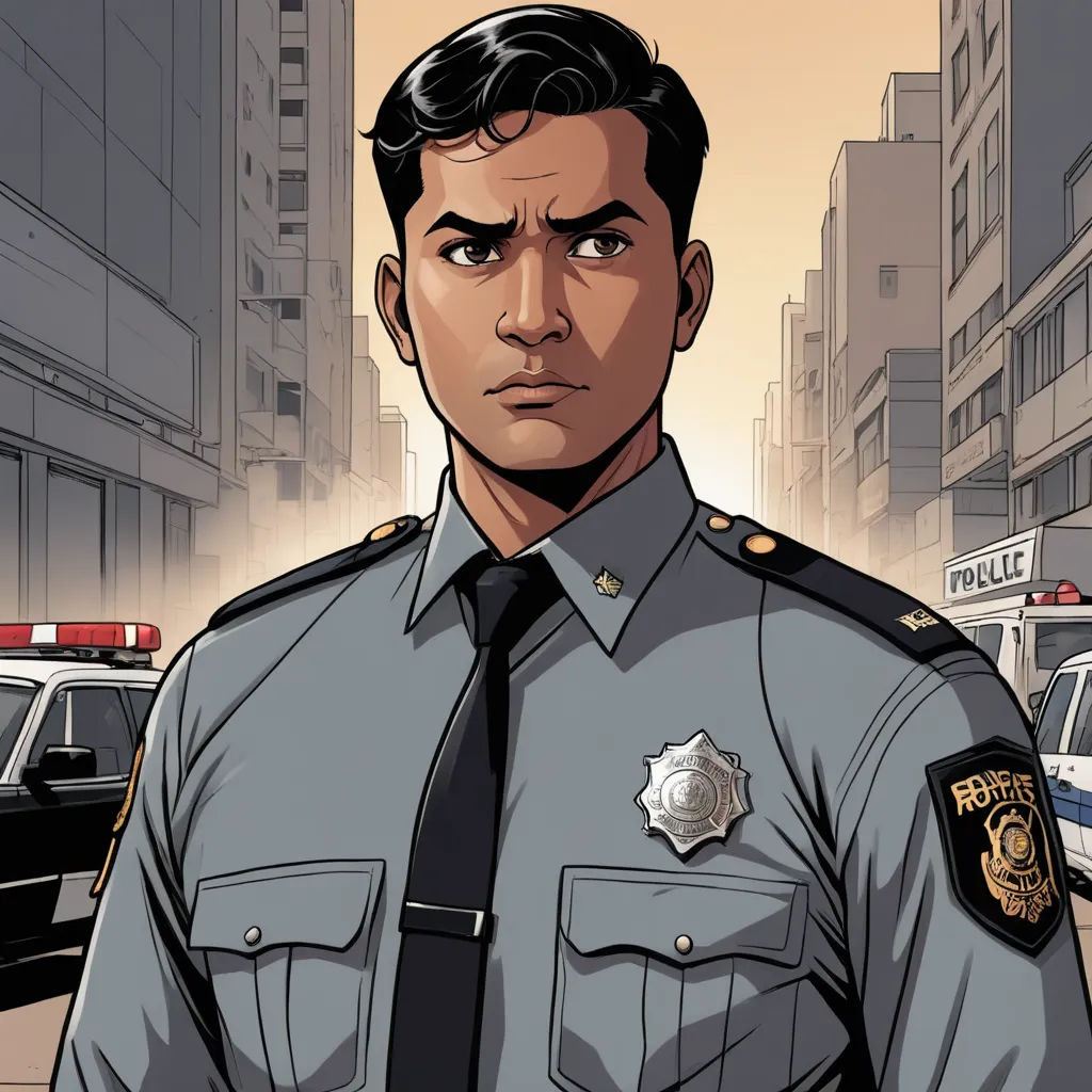 a man in a police uniform standing in front of a city street with police cars and police cars behind him, harlem renaissance, a character portrait, Altichiero, character portrait
