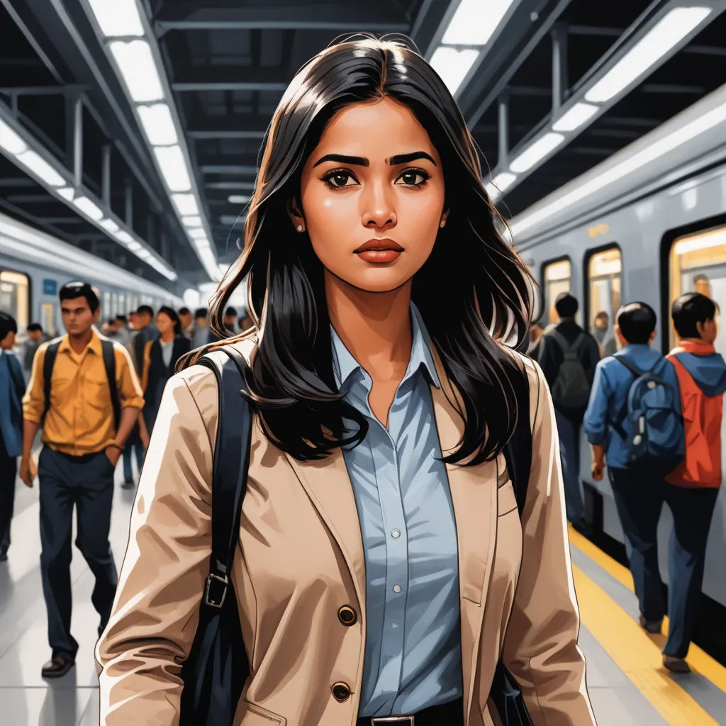 a woman in a tan jacket is standing in a subway station with a group of people behind her and a train in the background, serial art, a comic book panel, Dan Mumford, graphic novel