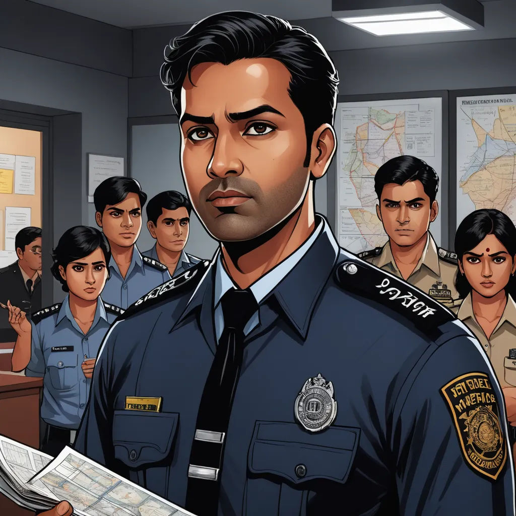 a man in a police uniform is holding a newspaper in front of a group of people in a courtroom, samikshavad, a comic book panel, Bhupen Khakhar, graphic novel