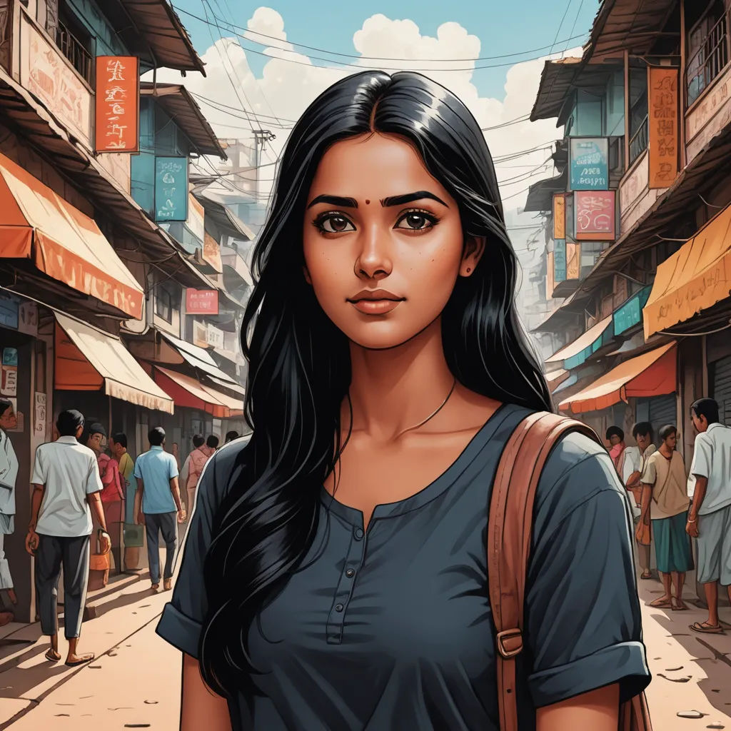 a woman standing in a street with a crowd of people in the background and a city street with shops, samikshavad, poster art, Ella Guru, comic cover art