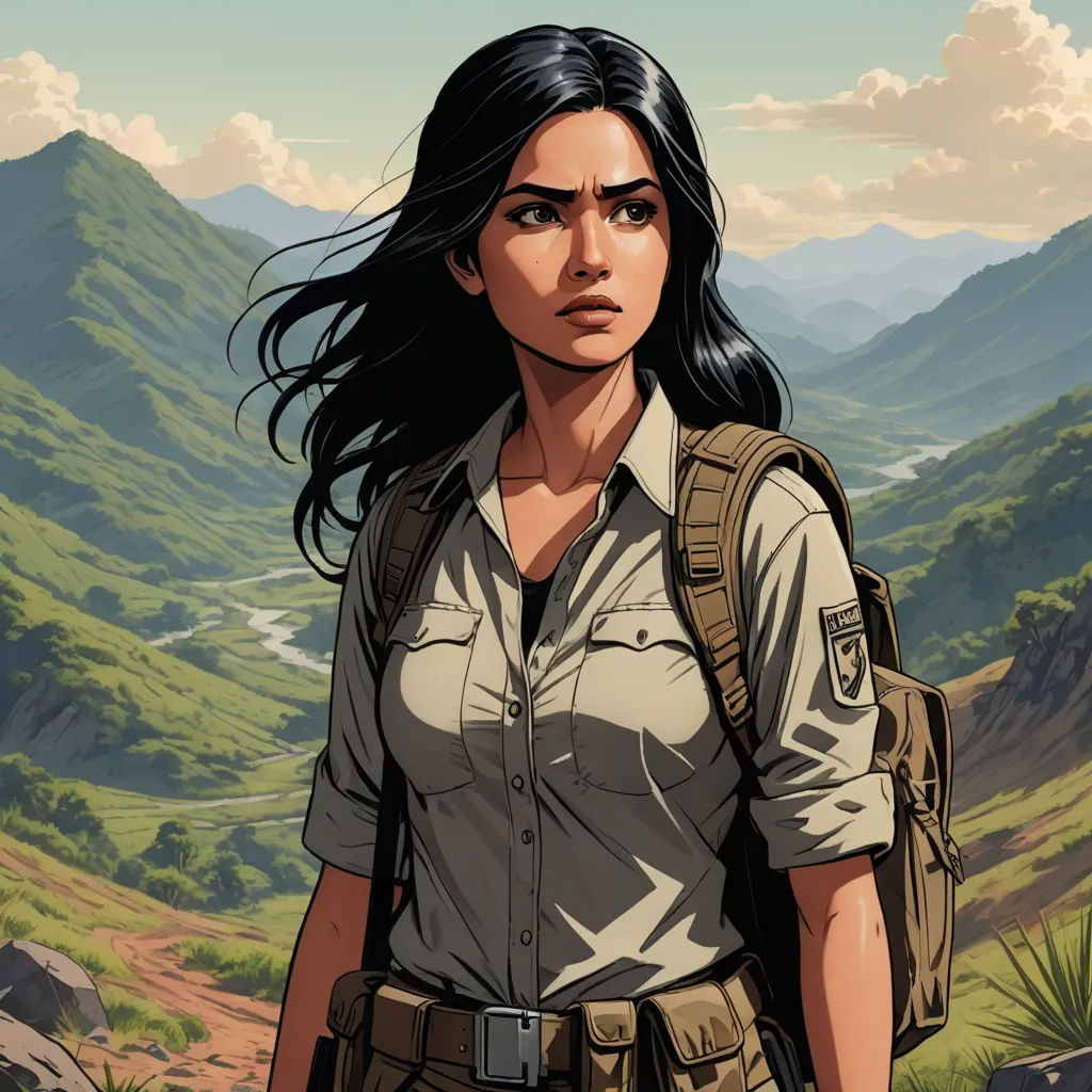 a woman with a backpack on a mountain side with a valley in the background and a valley in the foreground, serial art, a character portrait, Ada Gladys Killins, official art