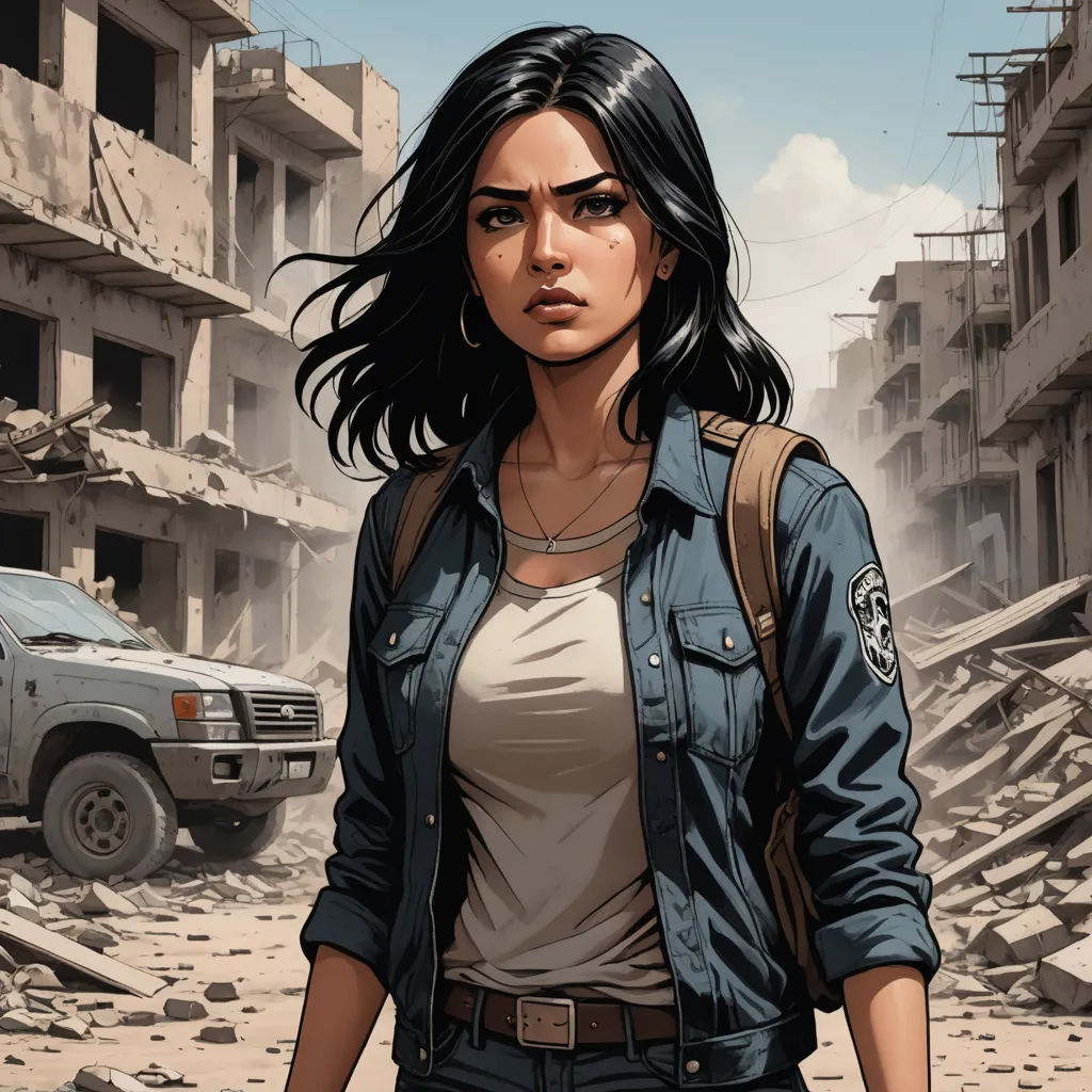 a woman in a blue shirt and jeans walking through a rubble - covered street with a truck in the background, serial art, a comic book panel, Aleksi Briclot, comic cover art