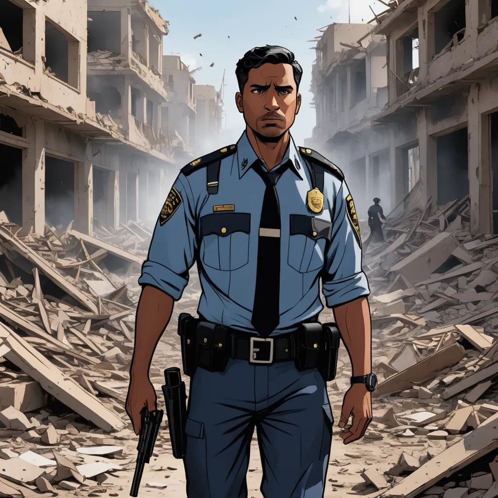 a cartoon of a police officer in a destroyed city with a gun in his hand and a bullet in his hand, serial art, a comic book panel, Chris LaBrooy, official art