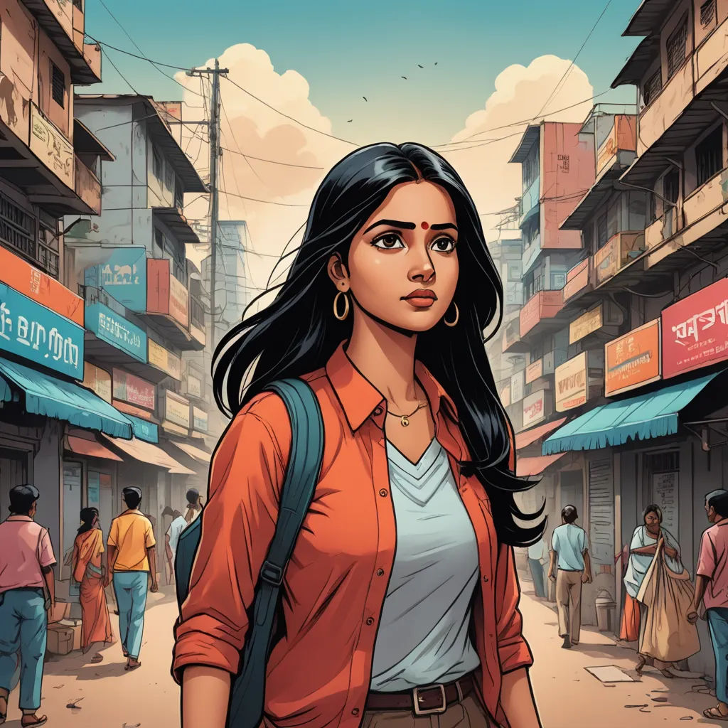 a woman in a red shirt and brown pants is walking down a street with people in the background and buildings, bengal school of art, a comic book panel, Ella Guru, comic cover art