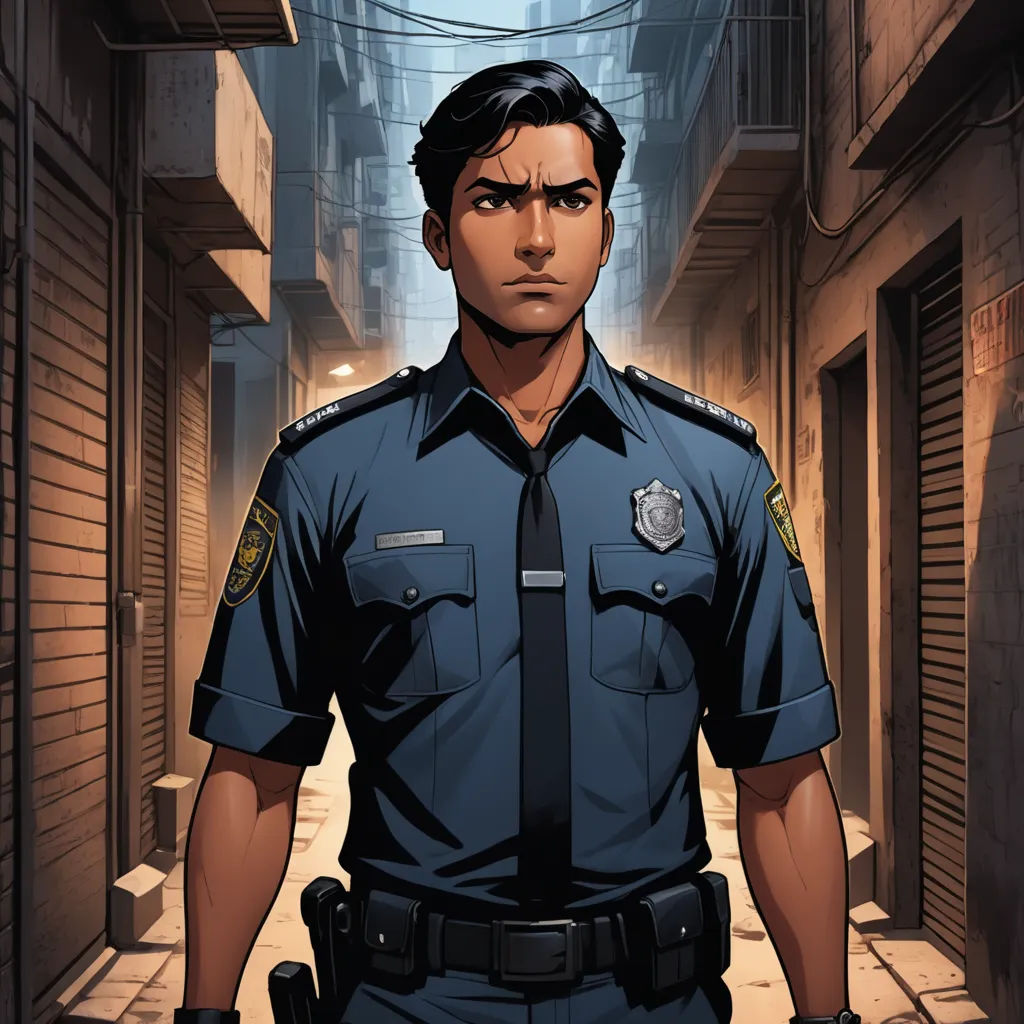 a man in a police uniform standing in a hallway with a gun in his hand and a building in the background, sots art, a comic book panel, Cedric Seaut (Keos Masons), official art
