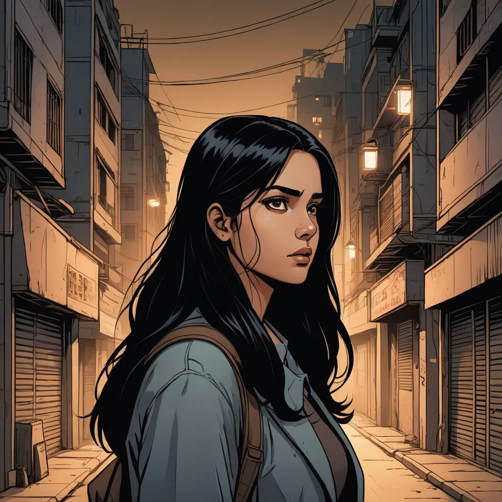 a woman standing in a street with a backpack on her shoulder and a city street in the background with buildings, private press, a comic book panel, Artgerm, comic cover art