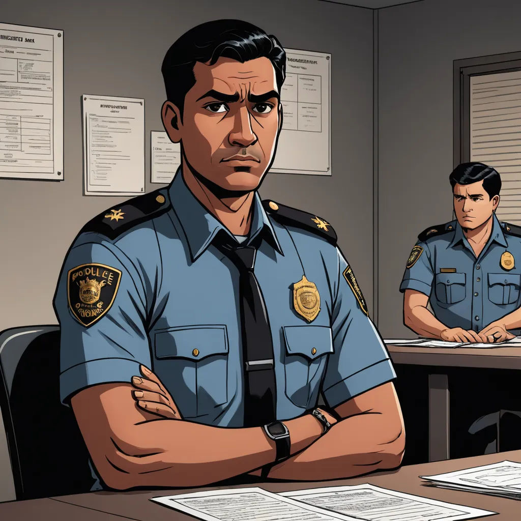 a cartoon of a cop sitting at a desk with his arms crossed and a man standing behind him in a police station, serial art, a comic book panel, Benjamin Marra, official art