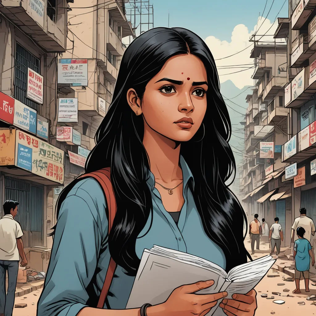 a woman is standing in a street holding a book and looking at the camera with a city in the background, bengal school of art, a comic book panel, Ella Guru, graphic novel