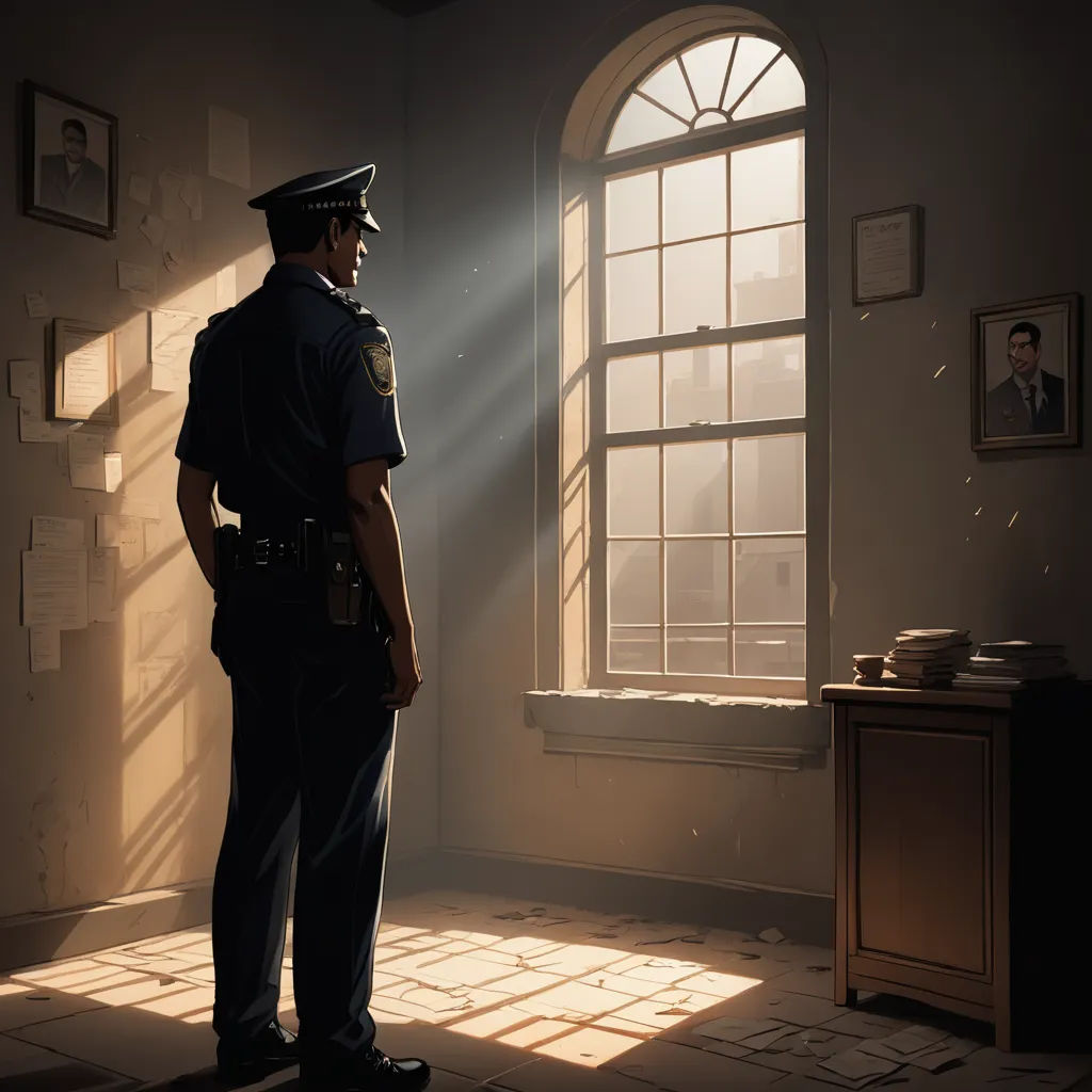 a police officer standing in a room with a window and a desk in the background with papers on it, serial art, an ultrafine detailed painting, Evgeny Lushpin, edward hopper and james gilleard