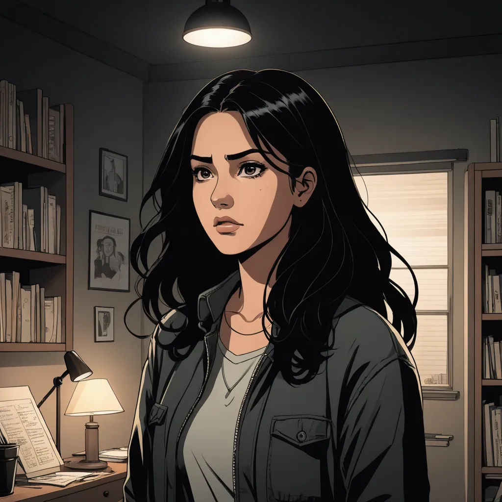 a woman standing in a room with a lamp on the table and bookshelves behind her and a lamp on the wall, serial art, a comic book panel, Cedric Peyravernay, official art