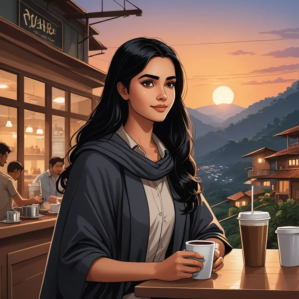 a woman holding a cup of coffee in front of a restaurant with a sunset in the background and a mountain view, sots art, a character portrait, Colin Middleton, key art