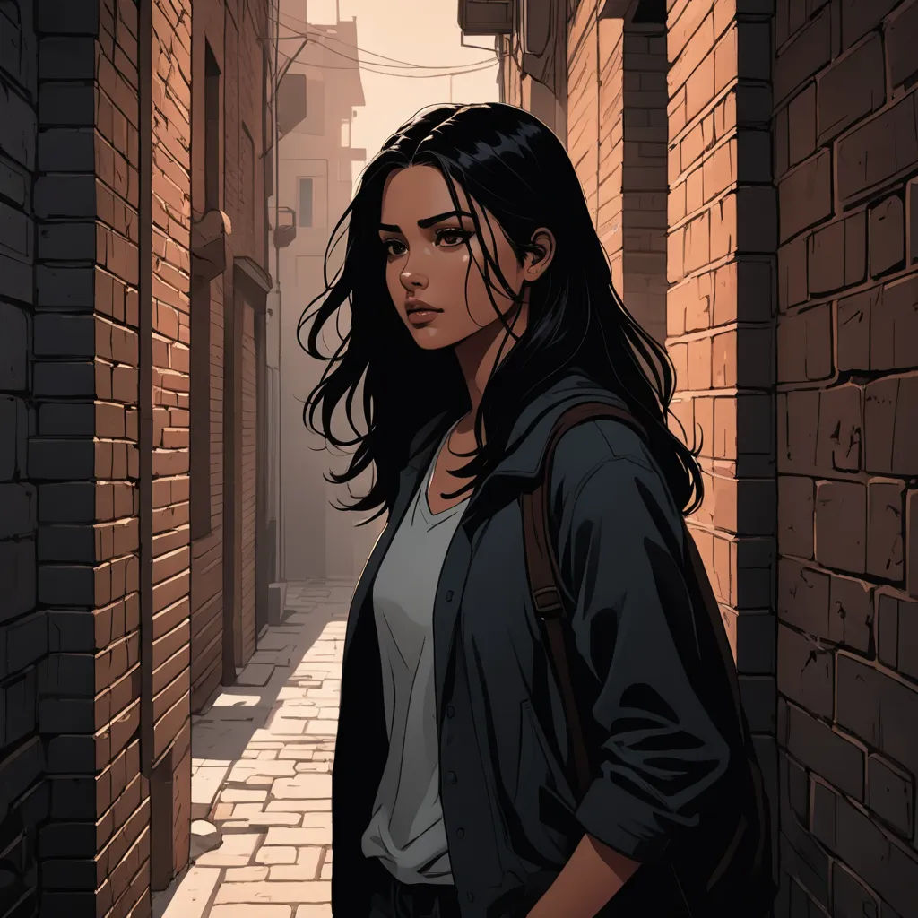 a woman standing in an alley way with a backpack on her shoulder and a backpack on her shoulder, looking down, serial art, a comic book panel, Atey Ghailan, comic cover art