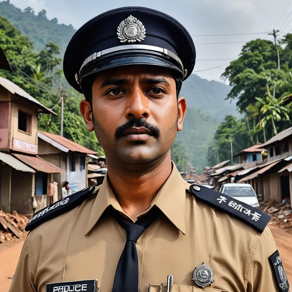 a police officer standing in front of a village with a mountain in the background and a road in the foreground, samikshavad, a detailed matte painting, Bikash Bhattacharjee, jayison devadas