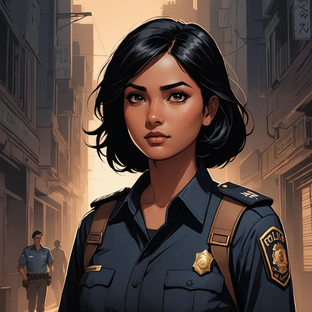 a woman in a police uniform standing in a city street with a man in the background looking at the camera, fantasy art, a comic book panel, Charlie Bowater, stanley artgerm lau