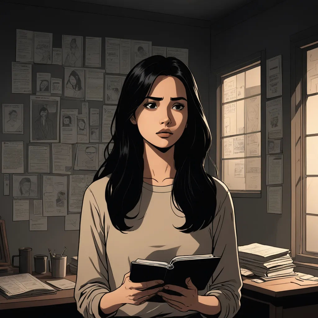 a woman standing in a room with a book in her hands and papers on the wall behind her and a window with a light, serial art, a comic book panel, Clarice Beckett, comic cover art