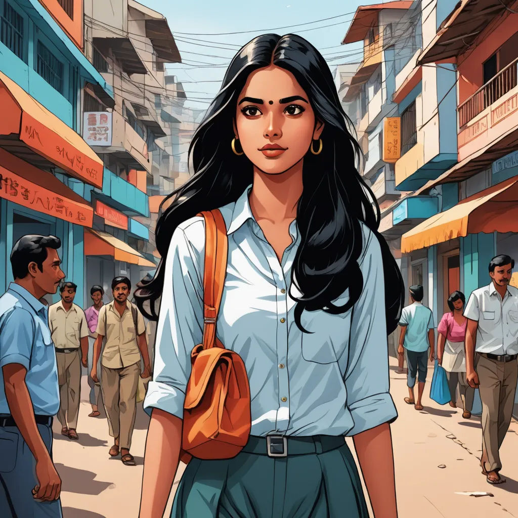 a woman in a blue shirt and green skirt walking down a street with a brown purse on her shoulder, serial art, a comic book panel, Ella Guru, graphic novel