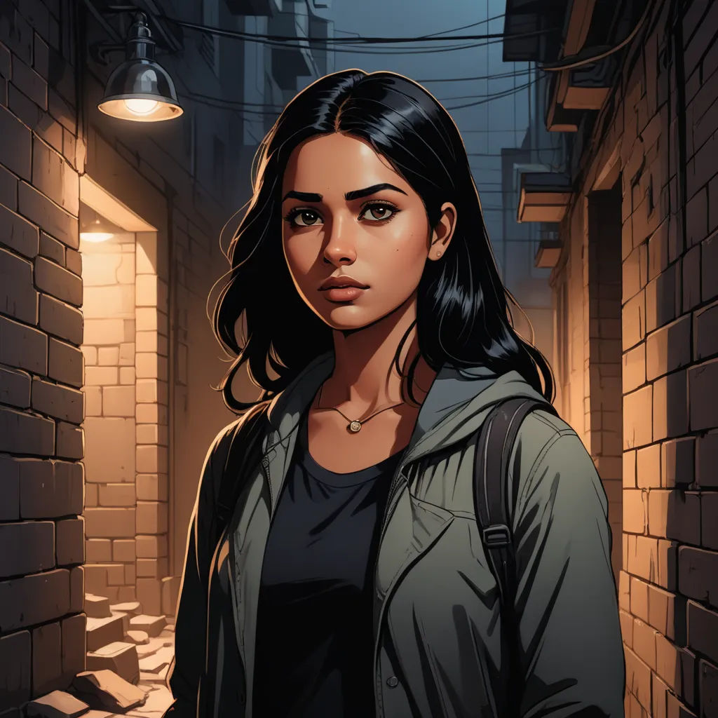 a woman standing in a narrow alley way with a light on above her head and a lamp above her head, sots art, a character portrait, Artgerm, comic cover art