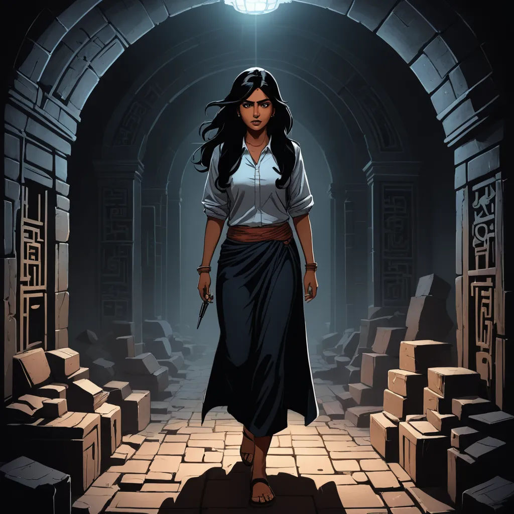 a woman in a long skirt is walking through a tunnel with boxes on the floor and a light above her, samikshavad, a character portrait, Ann Thetis Blacker, comic cover art